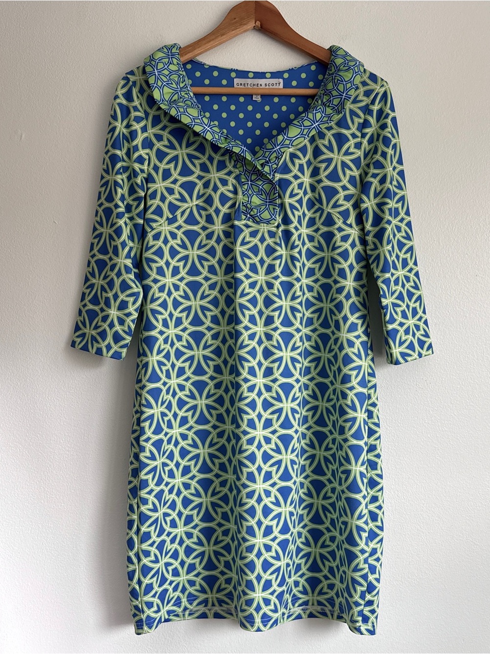 Gretchen Scott Dress Womens Medium Ruffle Neck Blue Green Geometric Stretch